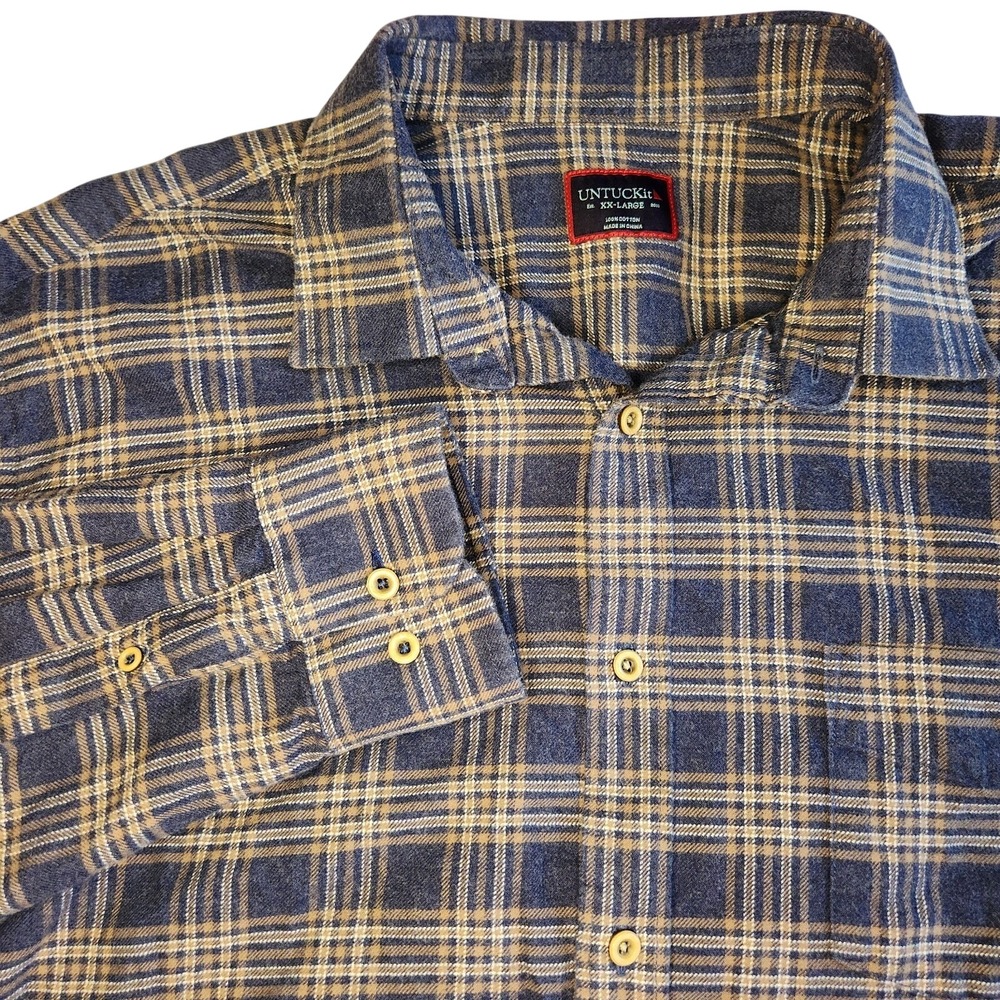 UNTUCKit Relusso Flannel Shirt Mens 2XL Blue Gray Plaid Long Sleeve Button Up